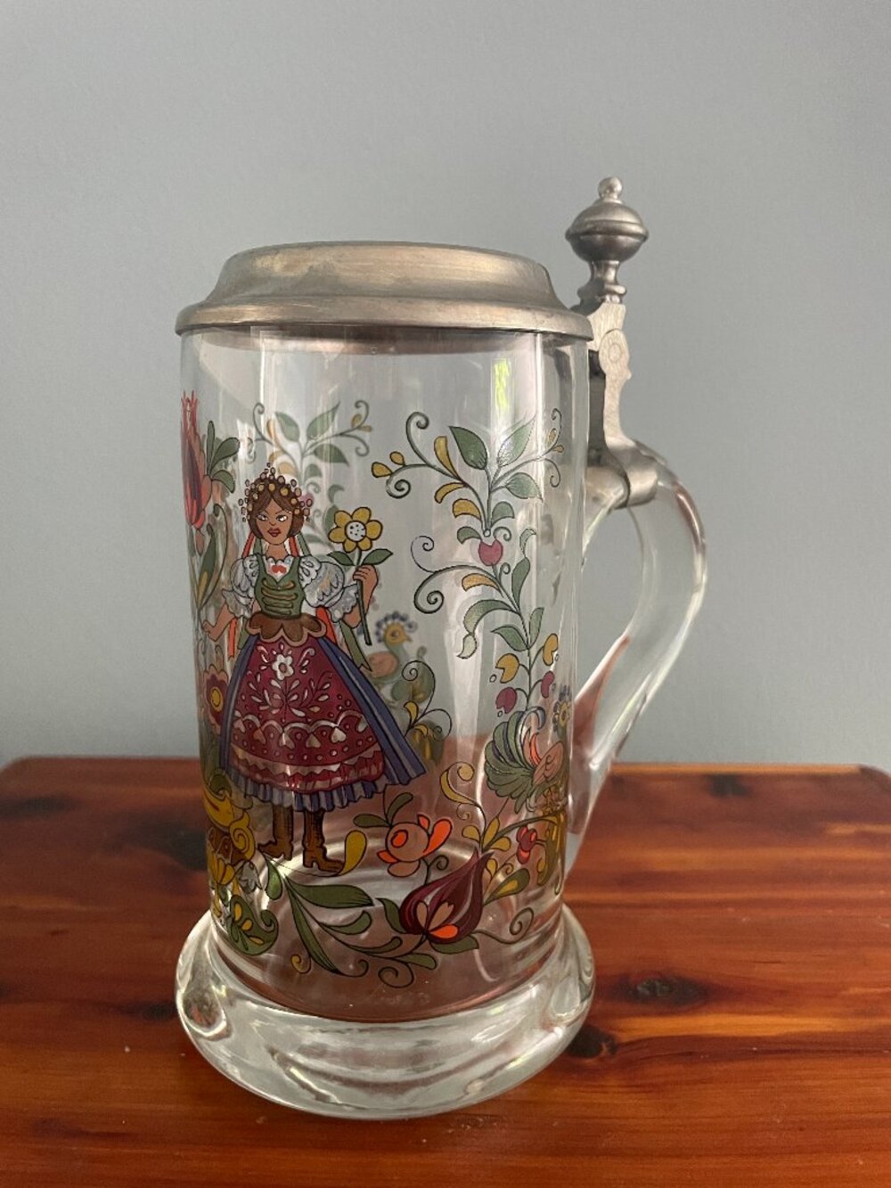Vintage German Rein-Zinn BMF Pewter Lidded Painted Renaissance Glass Beer Stein